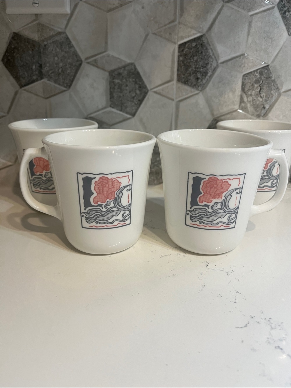 Vintage White Rose Duo Corelle Mugs - Set of 4